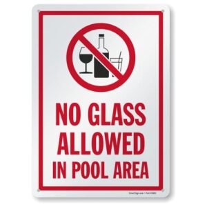 smartsign 14 x 10 inch “no glass allowed in pool area” metal sign with symbol, screen printed, 40 mil laminated rustproof aluminum, red, black and white