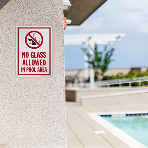 SmartSign 14 x 10 inch “No Glass Allowed In Pool Area” Metal Sign with Symbol, Screen Printed, 40 mil Laminated Rustproof Aluminum, Red, Black and White