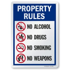 smartsign 14 x 10 inch “property rules - no alcohol, no drugs, no smoking, no weapons” metal sign, 40 mil laminated rustproof aluminum, multicolor
