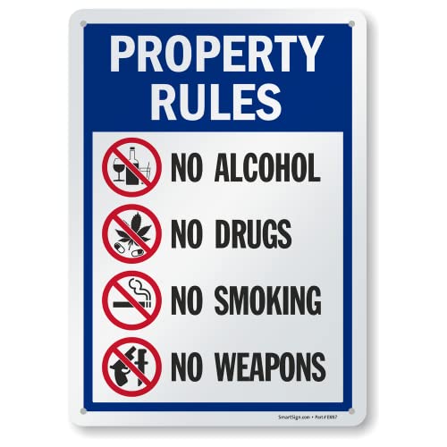 SmartSign 14 x 10 inch “Property Rules - No Alcohol, No Drugs, No Smoking, No Weapons” Metal Sign, 40 mil Laminated Rustproof Aluminum, Multicolor