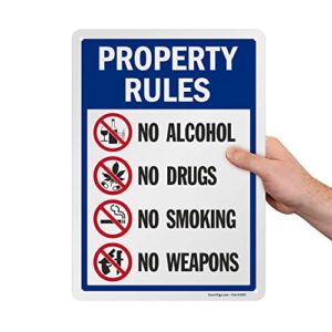 SmartSign 14 x 10 inch “Property Rules - No Alcohol, No Drugs, No Smoking, No Weapons” Metal Sign, 40 mil Laminated Rustproof Aluminum, Multicolor