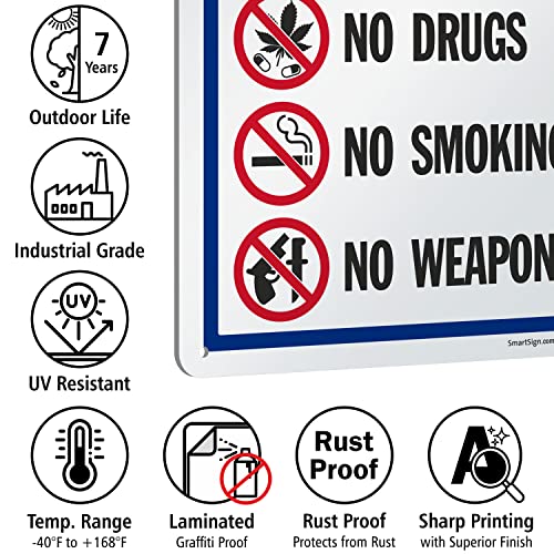 SmartSign 14 x 10 inch “Property Rules - No Alcohol, No Drugs, No Smoking, No Weapons” Metal Sign, 40 mil Laminated Rustproof Aluminum, Multicolor