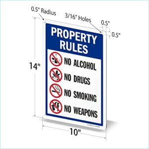 SmartSign 14 x 10 inch “Property Rules - No Alcohol, No Drugs, No Smoking, No Weapons” Metal Sign, 40 mil Laminated Rustproof Aluminum, Multicolor