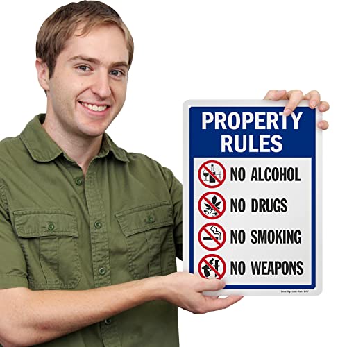 SmartSign 14 x 10 inch “Property Rules - No Alcohol, No Drugs, No Smoking, No Weapons” Metal Sign, 40 mil Laminated Rustproof Aluminum, Multicolor