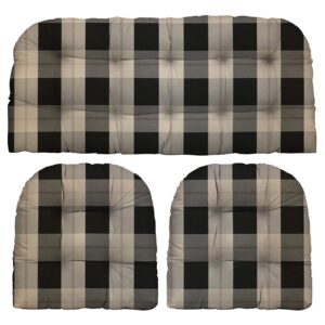 RSH Décor Indoor Outdoor 3 Piece Tufted Wicker Cushion Set 1 Loveseat & 2 U-Shape ~ Choose Color & Size (Branson Pewter Grey Beige Black Big Buffalo Plaid, LS 41"x19" US 19"x19")