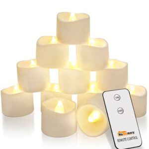 homemory remote control tea lights, flickering realistic tea lights battery operated with remote, for home decor and seasonal celebration, pack of 12, warm white light, dia 1-2/5'', h 1-1/4''
