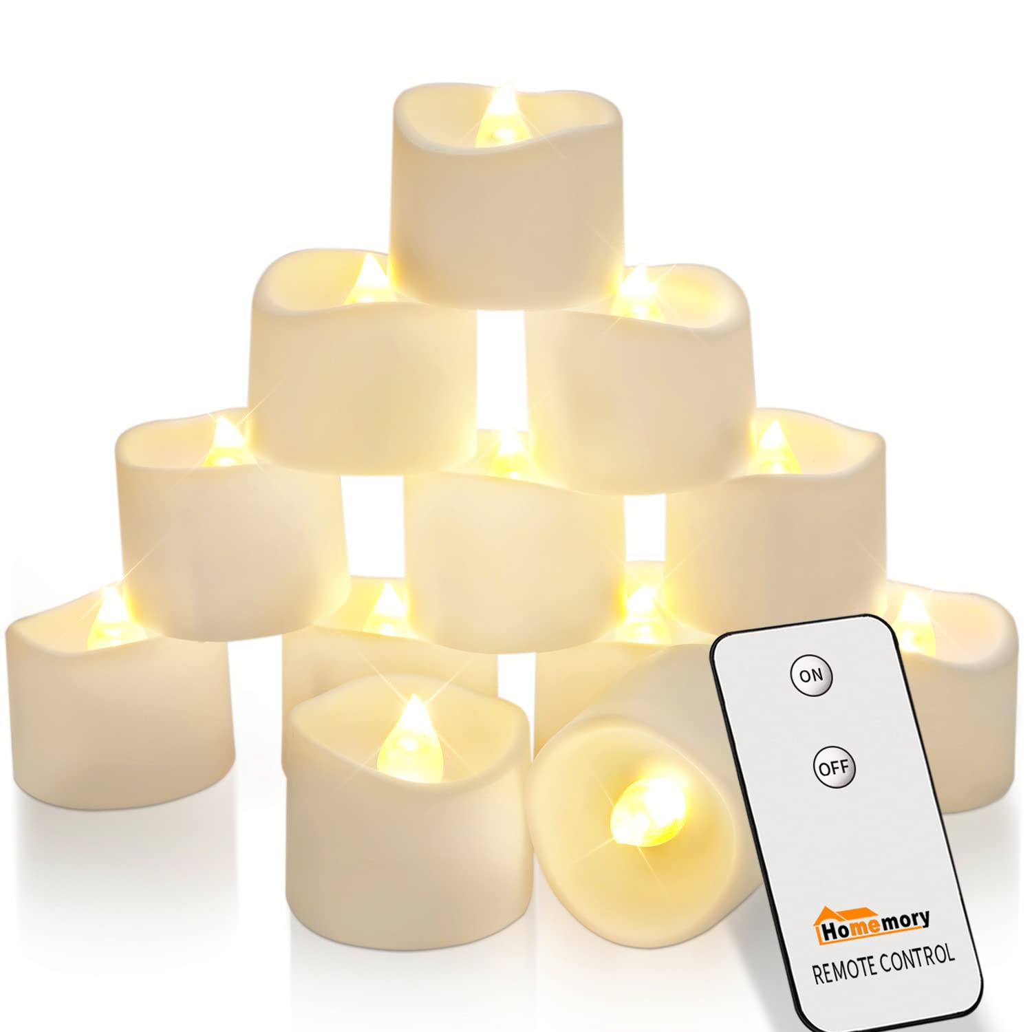 Homemory Remote Control Tea Lights, Flickering Realistic Tea Lights Battery Operated with Remote, for Home Decor and Seasonal Celebration, Pack of 12, Warm White Light, Dia 1-2/5'', H 1-1/4''