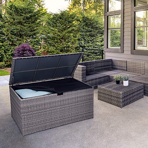 glitzhome Patio Wicker Storage Trunk with Lid, 140 Gallons Overside Outdoor Oversized All-Weather Cushion Storage Deck Box for Garden Tools, Pool Toys, Grey