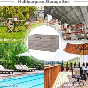 glitzhome Patio Wicker Storage Trunk with Lid, 140 Gallons Overside Outdoor Oversized All-Weather Cushion Storage Deck Box for Garden Tools, Pool Toys, Grey