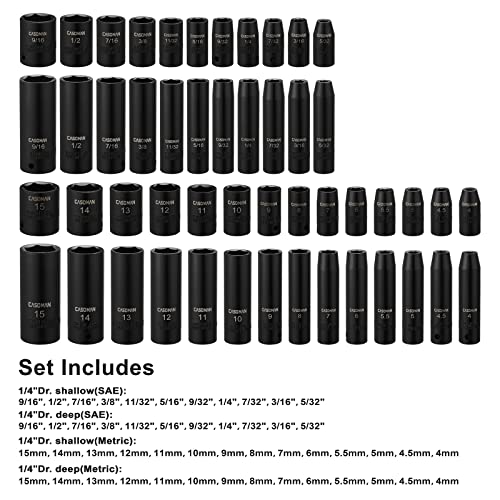 CASOMAN 1/4 Inch Drive Master Impact Socket Set, 50-Piece, 6-Point, SAE/Metric, 5/32 Inch - 9/16 Inch, 4mm - 15mm, Standard/Deep,CR-V