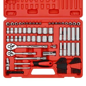 casoman 1/4-inch & 3/8-inch drive sae and metric socket set standard and deep sizes with ratchet extension bars and universal joint 83-pieces 1/4" drive and 3/8" dr. socket super set