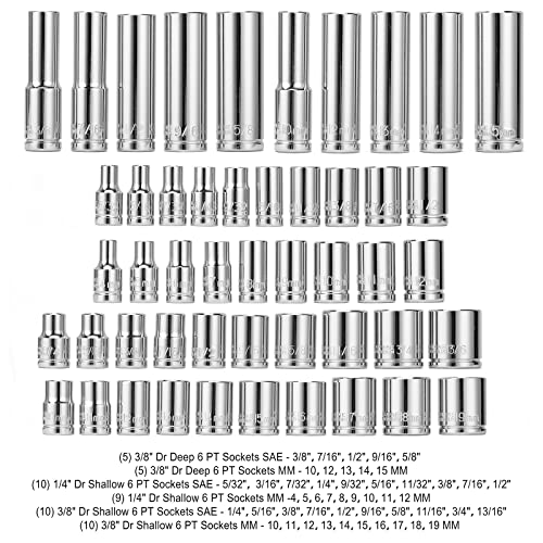 CASOMAN 1/4-Inch & 3/8-Inch Drive SAE and Metric Socket Set Standard and Deep Sizes with Ratchet Extension Bars and Universal Joint 83-Pieces 1/4" Drive and 3/8" Dr. Socket Super Set