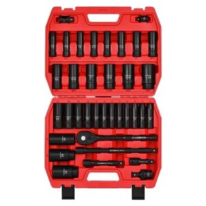 casoman 1/2" drive master impact socket set, 36 piece deep, standard sae (3/8" to 1-1/4") & metric (10-32 mm) sizes, includes extension bar (3, 5, 10-inch), adapters & ratchet handle, cr-v steel