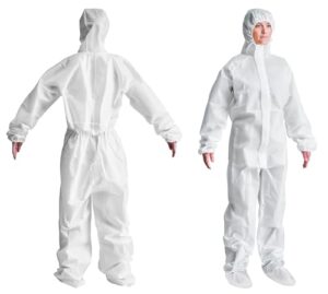 amz white disposable coveralls with hood, l. 5 pack hazmat suits disposable. 60 gsm sms disposable painters coveralls with boots, elastic wrists. waterproof full body protective suit for hospital