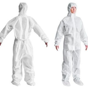 AMZ White Disposable Coveralls With Hood, L. 5 Pack Hazmat Suits Disposable. 60 GSM SMS Disposable Painters Coveralls with Boots, Elastic Wrists. Waterproof Full Body Protective Suit For Hospital