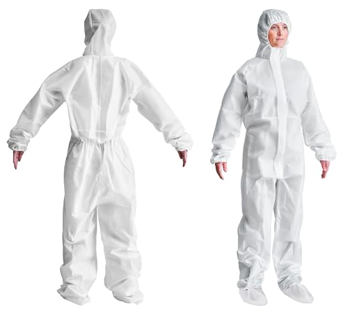 AMZ White Disposable Coveralls With Hood, L. 5 Pack Hazmat Suits Disposable. 60 GSM SMS Disposable Painters Coveralls with Boots, Elastic Wrists. Waterproof Full Body Protective Suit For Hospital