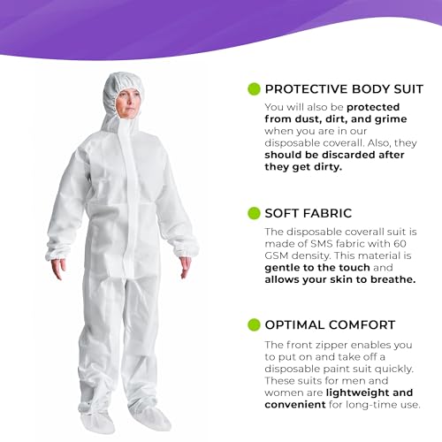 AMZ White Disposable Coveralls With Hood, L. 5 Pack Hazmat Suits Disposable. 60 GSM SMS Disposable Painters Coveralls with Boots, Elastic Wrists. Waterproof Full Body Protective Suit For Hospital