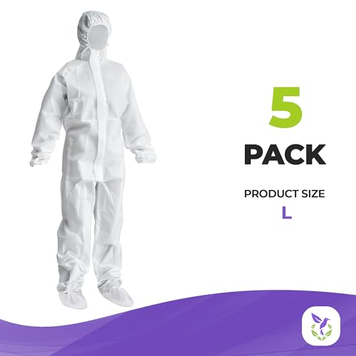 AMZ White Disposable Coveralls With Hood, L. 5 Pack Hazmat Suits Disposable. 60 GSM SMS Disposable Painters Coveralls with Boots, Elastic Wrists. Waterproof Full Body Protective Suit For Hospital