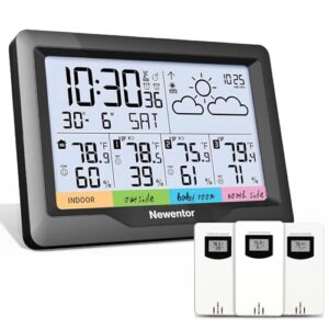 newentor weather station wireless indoor outdoor multiple sensors, digital atomic clock weather thermometer, temperature and humidity monitor, forecast weather station with backlight, black