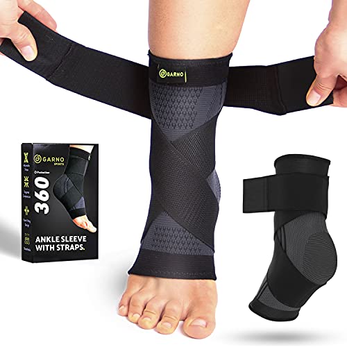 GARNO Ankle Brace Compression Sleeve with Adjustable Straps, Arch Support & Foot Stabilizer, Elastic Wrap for Plantar Fasciitis, Achilles Tendonitis Recovery, Sports Bandage Sock; Men, Women