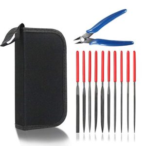 kalim needle file set (10pcs high carbon steel files) and 1 wire cutter in a carry bag, file tools for soft metal, wood, jewelry, model, diy, hobby, etc.