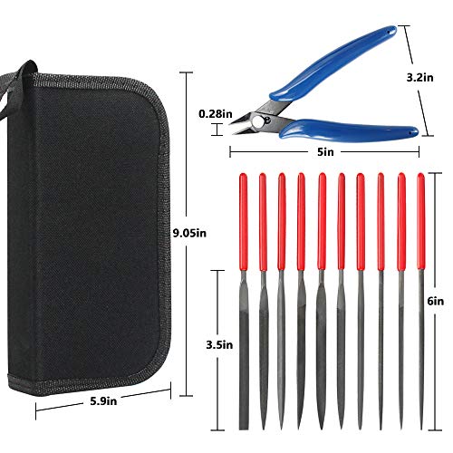 KALIM Needle File Set (10Pcs High Carbon Steel Files) and 1 Wire Cutter in A Carry Bag, File Tools for Soft Metal, Wood, Jewelry, Model, DIY, Hobby, etc.