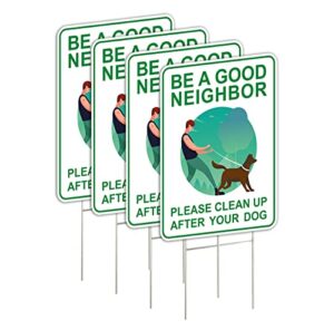 clean up after your dog signs (4 pack, 9 x 12") with metal h-stakes, double sided,no dog poop lawn signs,outdoor & sturdy