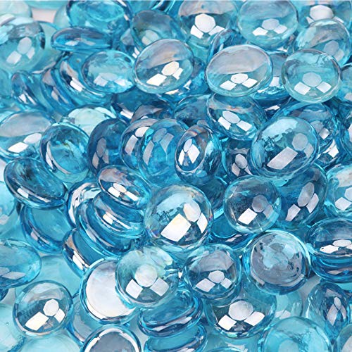 [18 Pound] Fire Glass Beads Fireglass Drops for Gas Fire Pit Fireplace Azure Blue Luster Reflective Decorative Glass Gems Rocks Pebbles Stone for Vase Fillers Fish Tank Aquarium Decoration (Azure)