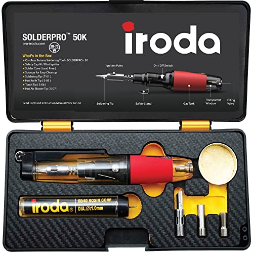 IRODA SOLDERPRO 50K Butane Soldering Kit | 4-in-1 30-70W Heat Gun Blower, Mini Torch Portable Butane Soldering Iron Kit, Rapid Heat Up, (Taiwan) No Butane Included