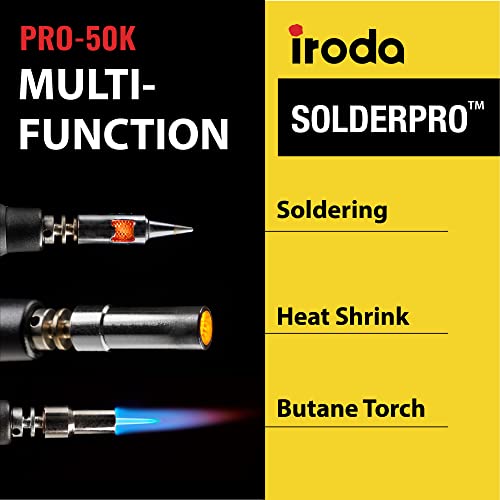 IRODA SOLDERPRO 50K Butane Soldering Kit | 4-in-1 30-70W Heat Gun Blower, Mini Torch Portable Butane Soldering Iron Kit, Rapid Heat Up, (Taiwan) No Butane Included