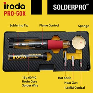 IRODA SOLDERPRO 50K Butane Soldering Kit | 4-in-1 30-70W Heat Gun Blower, Mini Torch Portable Butane Soldering Iron Kit, Rapid Heat Up, (Taiwan) No Butane Included