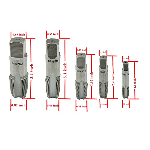 5 Piece NPT Thread Forming Taps, Pipe Taps Set, High-speed Steel Drill Bits for Cleaning or Re-thread Damaged or Jam Pipe Threads, Size 1/8", 1/4", 3/8", 1/2", 3/4" in Storage Box
