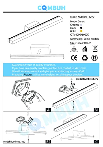 Combuh LED Bathroom Vanity Light Bar 16 Inch 9W Black IP44 Over Mirror Lighting Fixture Wall Sconce Indoor Modern Cool White 6000K