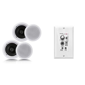pyle 6.5 inch 2 way home speaker system w/ 200 watts spring loaded quick connections, bluetooth receiver wall mount, built in amplifier, usb, microphone, 3.5mm input aux, flush mount in wall/ceiling