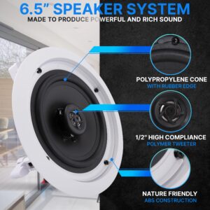 Pyle 6.5 inch 2 Way Home Speaker System w/ 200 Watts Spring Loaded Quick Connections, Bluetooth Receiver Wall Mount, Built in Amplifier, USB, Microphone, 3.5mm Input Aux, Flush Mount in Wall/Ceiling