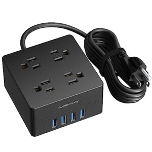 5ft power strip, superdanny surge protector 900 joules, 4-outlet 4-usb extension cord, overload switch, grounded, mountable, desktop charging station for home, office, school, dorm, computer, black