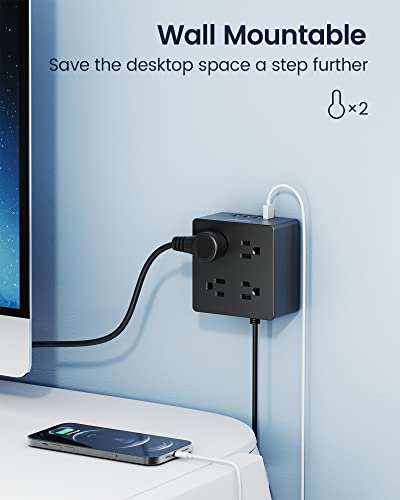 5ft Power Strip, SUPERDANNY Surge Protector 900 Joules, 4-Outlet 4-USB Extension Cord, Overload Switch, Grounded, Mountable, Desktop Charging Station for Home, Office, School, Dorm, Computer, Black