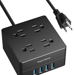 5ft Power Strip, SUPERDANNY Surge Protector 900 Joules, 4-Outlet 4-USB Extension Cord, Overload Switch, Grounded, Mountable, Desktop Charging Station for Home, Office, School, Dorm, Computer, Black