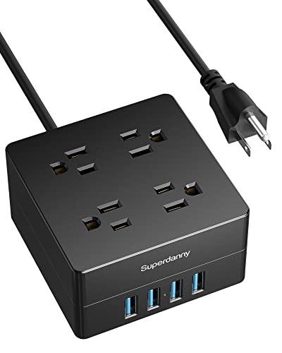 5ft Power Strip, SUPERDANNY Surge Protector 900 Joules, 4-Outlet 4-USB Extension Cord, Overload Switch, Grounded, Mountable, Desktop Charging Station for Home, Office, School, Dorm, Computer, Black