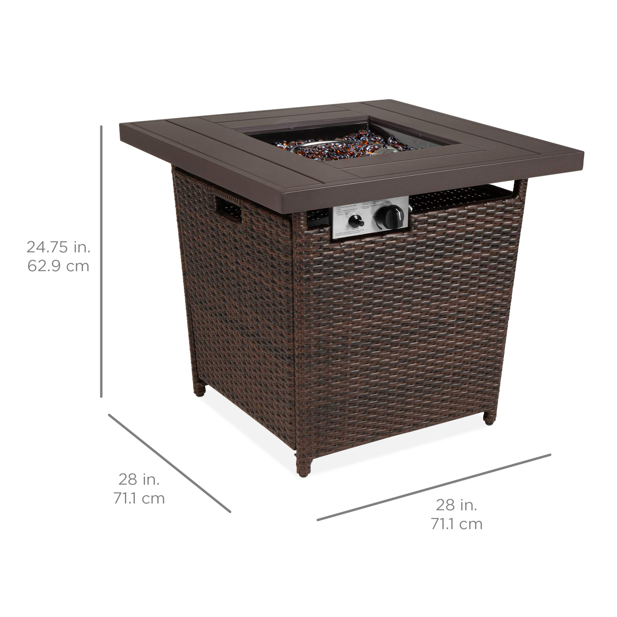 Best Choice Products 28in Gas Fire Pit Table, 50,000 BTU Outdoor Wicker Patio Propane Firepit w/Faux Wood Tabletop, Clear Glass Rocks, Cover, Hideaway Tank Holder, Lid - Brown