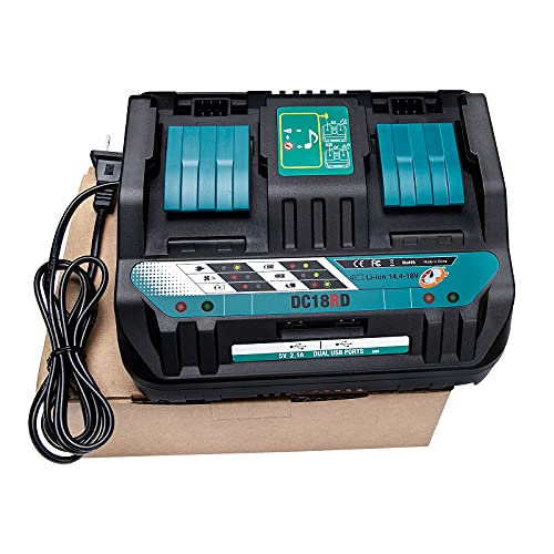 18V DC18RD Dual Ports Battery Charger for Makita 14.4V-18V LXT Lithium-Ion Battery BL1415 BL1430 BL1830 BL1840 BL1850 BL1850B BL1860B BL1860 BL1815, Hiesuan Replace DC18RC DC18SF DC18RT