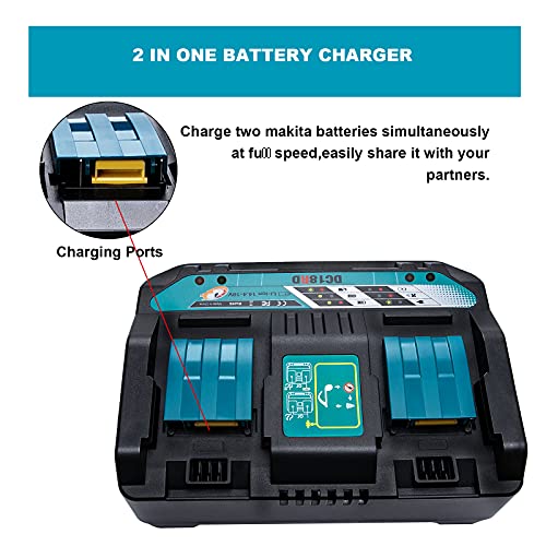 18V DC18RD Dual Ports Battery Charger for Makita 14.4V-18V LXT Lithium-Ion Battery BL1415 BL1430 BL1830 BL1840 BL1850 BL1850B BL1860B BL1860 BL1815, Hiesuan Replace DC18RC DC18SF DC18RT