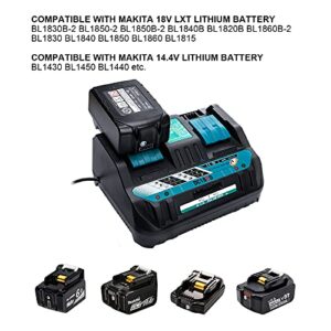 18V DC18RD Dual Ports Battery Charger for Makita 14.4V-18V LXT Lithium-Ion Battery BL1415 BL1430 BL1830 BL1840 BL1850 BL1850B BL1860B BL1860 BL1815, Hiesuan Replace DC18RC DC18SF DC18RT