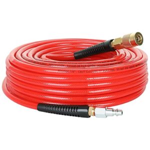 hromee 1/4-inch x 50 feet polyurethane air hose with bend restrictors pu compressor hose with 1/4" industrial quick coupler and plug kit, red