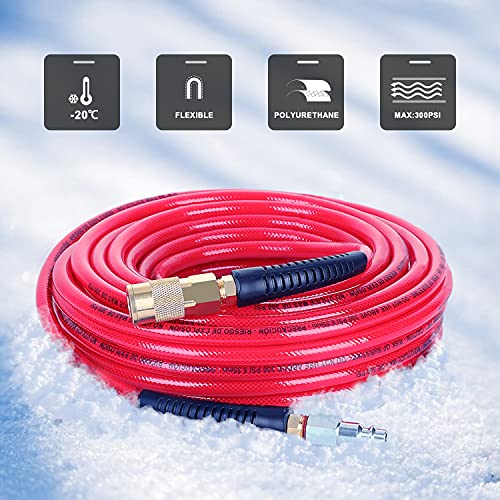 Hromee 1/4-Inch x 50 Feet Polyurethane Air Hose with Bend Restrictors PU Compressor Hose with 1/4" Industrial Quick Coupler and Plug Kit, Red