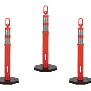 CJ Safety (Pack of 3 Sets) 45" Orange Delineator Post Cone with 10 lbs. Rubber Base, 2 Reflective Bands (Set of 3 (Post & Base))