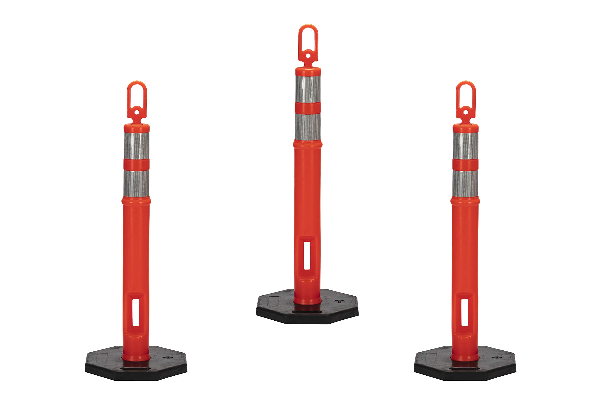 CJ Safety (Pack of 3 Sets) 45" Orange Delineator Post Cone with 10 lbs. Rubber Base, 2 Reflective Bands (Set of 3 (Post & Base))