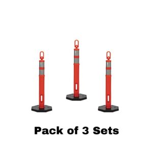 CJ Safety (Pack of 3 Sets) 45" Orange Delineator Post Cone with 10 lbs. Rubber Base, 2 Reflective Bands (Set of 3 (Post & Base))