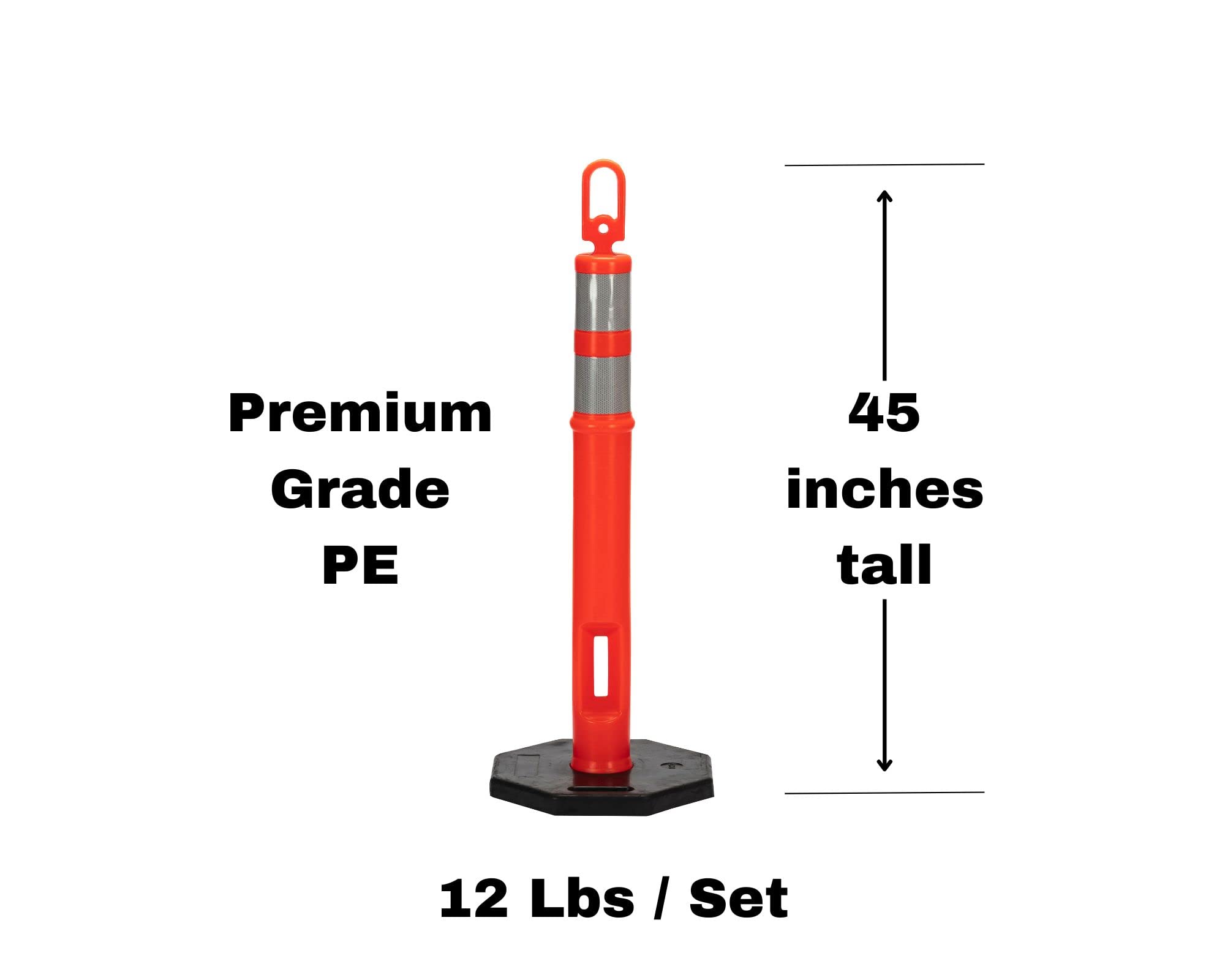 CJ Safety (Pack of 3 Sets) 45" Orange Delineator Post Cone with 10 lbs. Rubber Base, 2 Reflective Bands (Set of 3 (Post & Base))