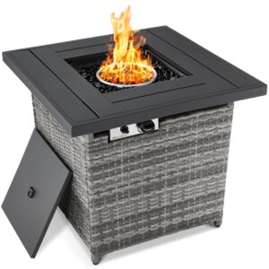 best choice products 28in gas fire pit table, 50,000 btu outdoor wicker patio propane firepit w/faux wood tabletop, clear glass rocks, cover, hideaway tank holder, lid - ash gray